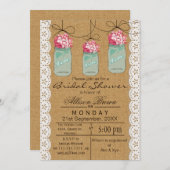 Burlap-Spitzen-blaues Maurerkirschen rustikales Br Einladung (Vorne/Hinten)