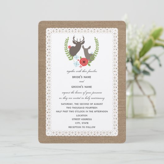 Burlap + Spitzen  Blumenbügel + Dose Einladung (Stehend Vorderseite)