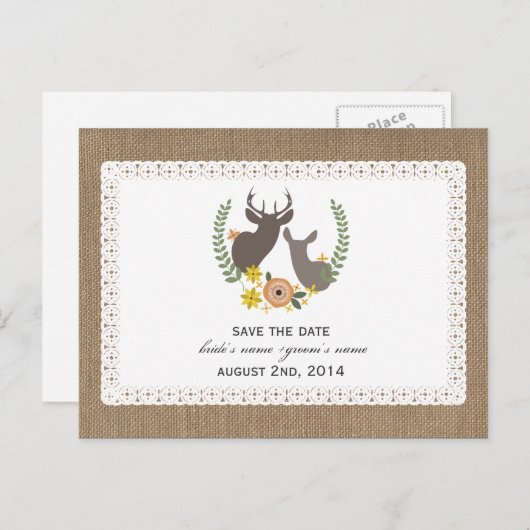 Burlap + Spitzen Inspiriert Fall Hirsche Save the Ankündigungspostkarte (Vorne/Hinten)