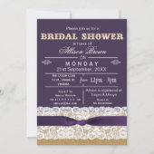 Burlap, Spitzen, lila rustikales Brautparty lädt e Einladung (Vorderseite)