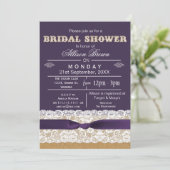 Burlap, Spitzen, lila rustikales Brautparty lädt e Einladung (Stehend Vorderseite)