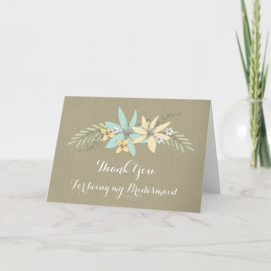 Burlap Spring Flowers Danke Bridesmaid Card (Vorderseite)