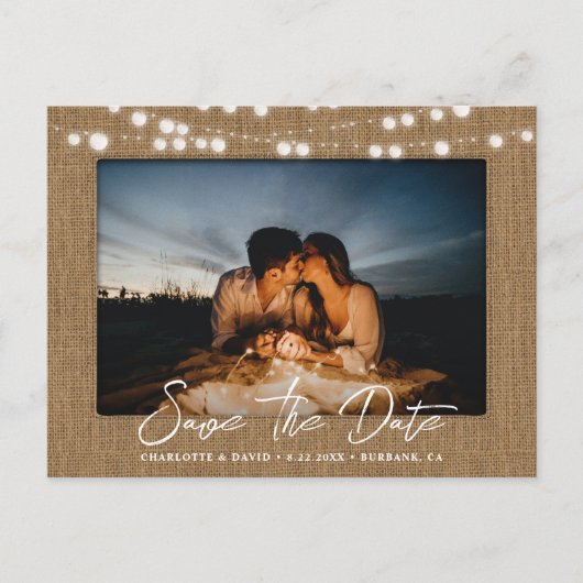 Burlap String Lights Hochzeitslicht Foto Save the  Ankündigungspostkarte (Vorderseite)