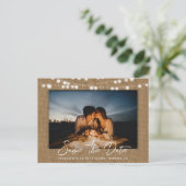 Burlap String Lights Hochzeitslicht Foto Save the  Ankündigungspostkarte (Stehend Vorderseite)