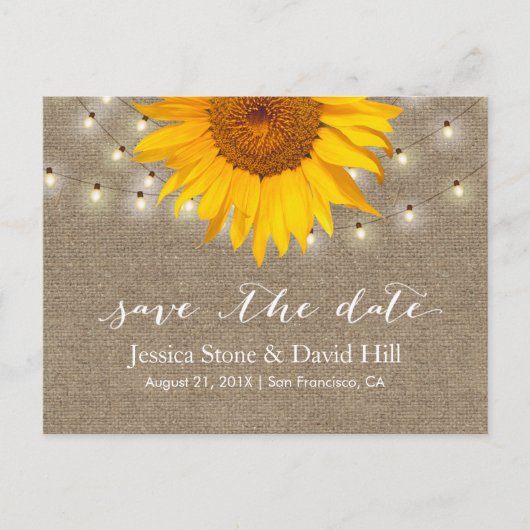Burlap String Lights & Sunflower Save the Date Ankündigungspostkarte (Vorderseite)