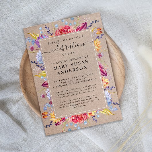 Burlap Succulents feiern Lebensdenkmal Einladung