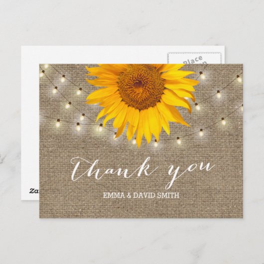 Burlap Sunflower & String Lights Vielen Dank Postkarte (Vorne/Hinten)