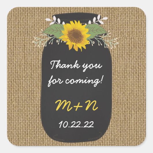 Burlap Sunflowers Chalk Mason Jar vielen Dank Quadratischer Aufkleber (Vorderseite)