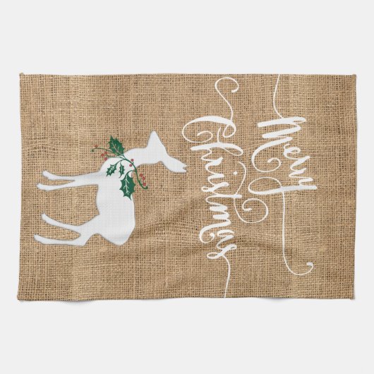 Burlap Texture Frohe Weihnachten mit Rentier Geschirrtuch (Horizontal)