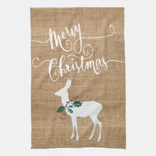 Burlap Texture Frohe Weihnachten mit Rentier Geschirrtuch (Vertikal)