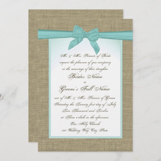 Burlap und Aqua Bow Rustic Wedding Einladung (Vorne/Hinten)