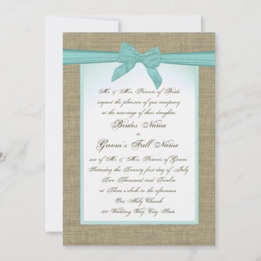 Burlap und Aqua Bow Rustic Wedding Einladung (Vorderseite)