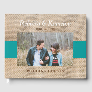 Burlap- und Aquamarin-Color-Block-Foto-Hochzeit Gästebuch