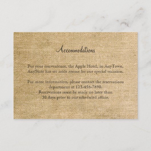 Burlap- und Birch Posh-HochzeitsInsert Begleitkarte (Vorderseite)