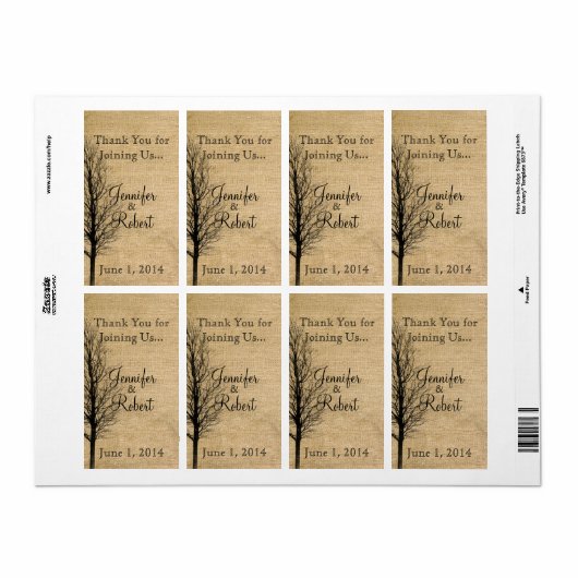 Burlap- und Birch Posh Wedding Wine Label (Vorne)
