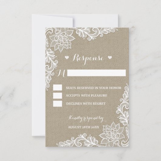 Burlap- und Blumenzange Hochzeitsrustikale RSVP-Ka RSVP Karte (Vorderseite)