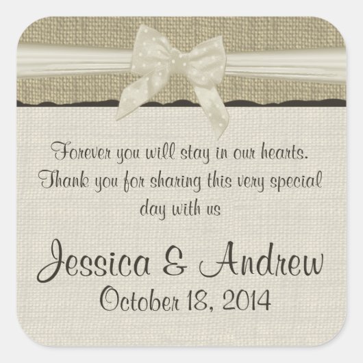 Burlap und Bow Rustic Country Quadratischer Aufkleber (Vorderseite)