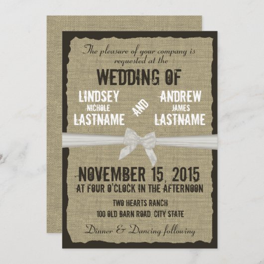 Burlap und Bow Rustic Wedding Einladung (Vorne/Hinten)