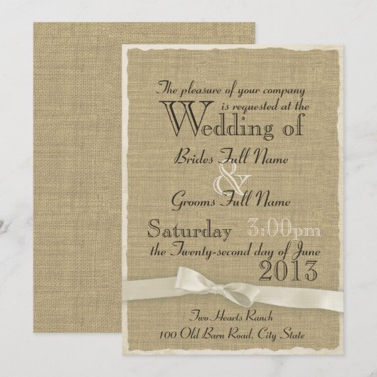 Burlap und Bow Rustic Wedding Lite Einladung (Vorne/Hinten)