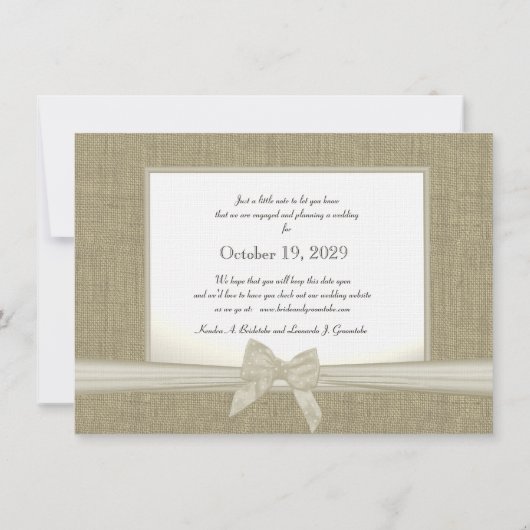 Burlap und Bow Rustikales Land Save the Date (Rückseite)
