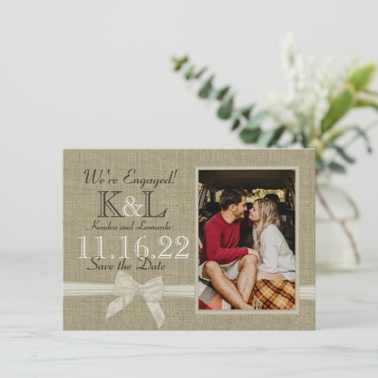 Burlap und Bow Rustikales Land Save the Date (Stehend Vorderseite)