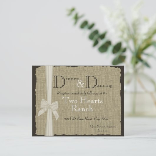 Burlap und Bow Wedding Rustic Empfang Einladung (Stehend Vorderseite)