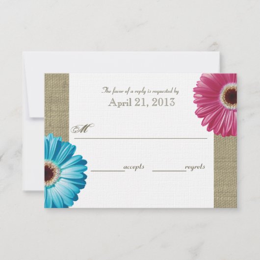 Burlap- und Daisy Pink und Blue Response Card RSVP Karte (Vorderseite)