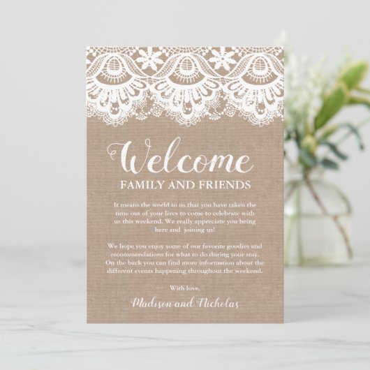 Burlap und Lac Wedding Hotel Welcome Cards, rustik Programm (Stehend Vorderseite)