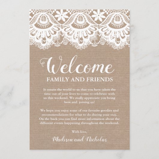 Burlap und Lac Wedding Hotel Welcome Cards, rustik Programm (Vorderseite)