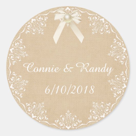 Burlap- und Lace Bow und Perl-Hochzeitsticker Runder Aufkleber (Vorderseite)