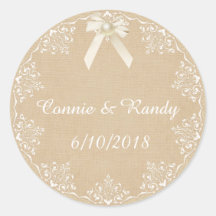 Burlap- und Lace Bow und Perl-Hochzeitsticker