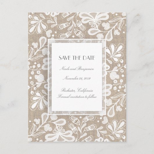 Burlap und Lace Elegant Save the Date Ankündigungspostkarte (Vorderseite)