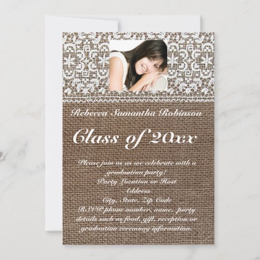 Burlap- und Lace-Foto-Abschluss Einladung (Vorderseite)