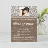 Burlap- und Lace-Foto-Abschluss Einladung (Stehend Vorderseite)