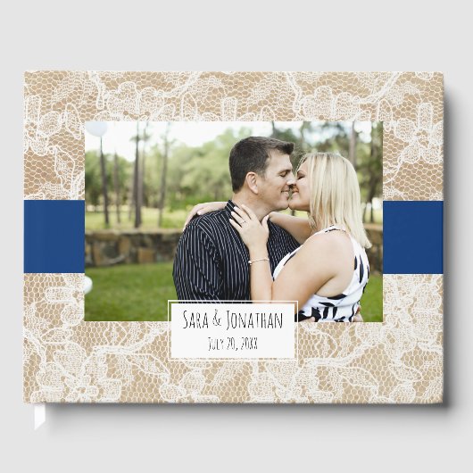 Burlap und Lace Navy Blue Foto Hochzeit Gästebuch (Vorderseite)