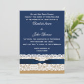 Burlap- und Lace-Navy-Hochzeit Einladung (Stehend Vorderseite)