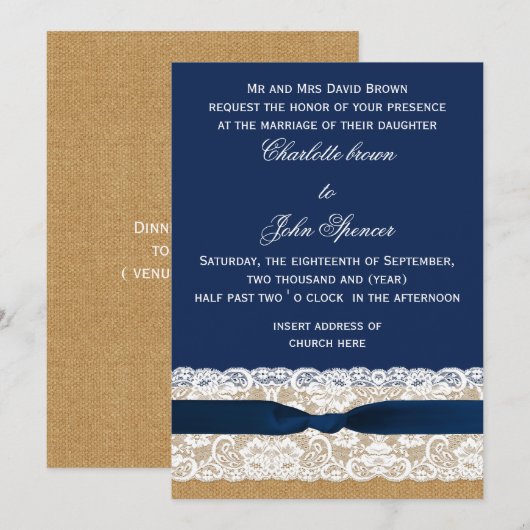 Burlap- und Lace-Navy-Hochzeit Einladung (Vorne/Hinten)