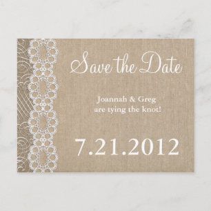 Burlap und Lace Rustic Save the Date Ankündigungspostkarte