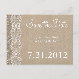 Burlap und Lace Rustic Save the Date Ankündigungspostkarte