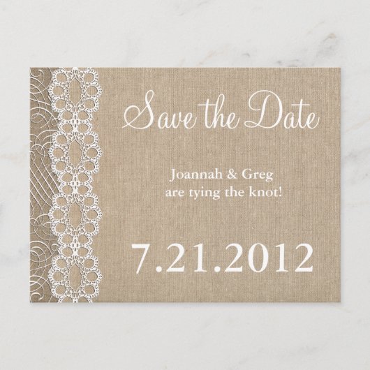 Burlap und Lace Rustic Save the Date Ankündigungspostkarte (Vorderseite)