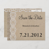 Burlap und Lace Rustic Save the Date Ankündigungspostkarte (Vorne/Hinten)