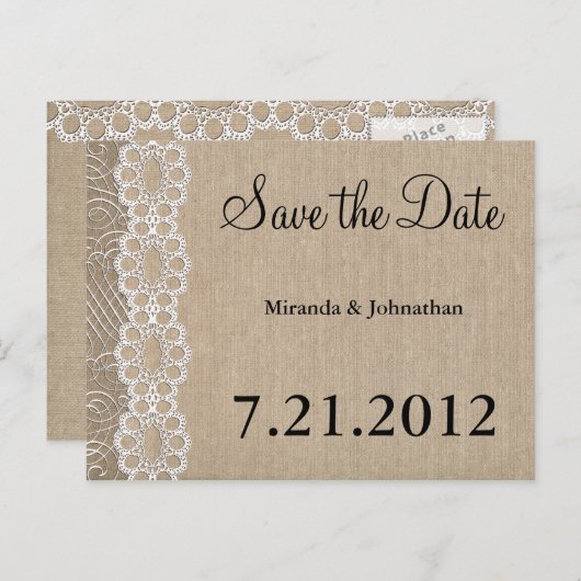 Burlap und Lace Rustic Save the Date Ankündigungspostkarte (Vorne/Hinten)
