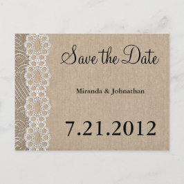 Burlap und Lace Rustic Save the Date Ankündigungspostkarte