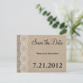 Burlap und Lace Rustic Save the Date Ankündigungspostkarte (Stehend Vorderseite)