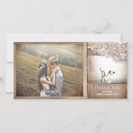 Burlap und Lace Rustic Vintage Wedding Dankeskarte (Vorderseite)