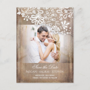 Burlap- und Lace Rustikales Foto Save the Date Ankündigungspostkarte