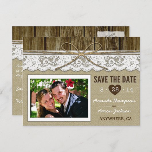 Burlap und Lace Save the Date Hochzeitkarten Ankündigungspostkarte (Vorne/Hinten)