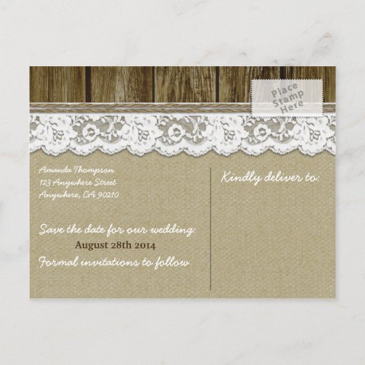 Burlap und Lace Save the Date Hochzeitkarten Ankündigungspostkarte (Rückseite)