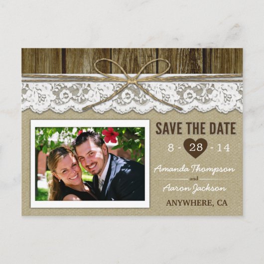 Burlap und Lace Save the Date Hochzeitkarten Ankündigungspostkarte (Vorderseite)