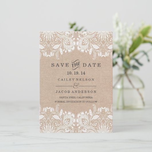 Burlap- und Lace-Save the Date-Karte Save The Date (Stehend Vorderseite)